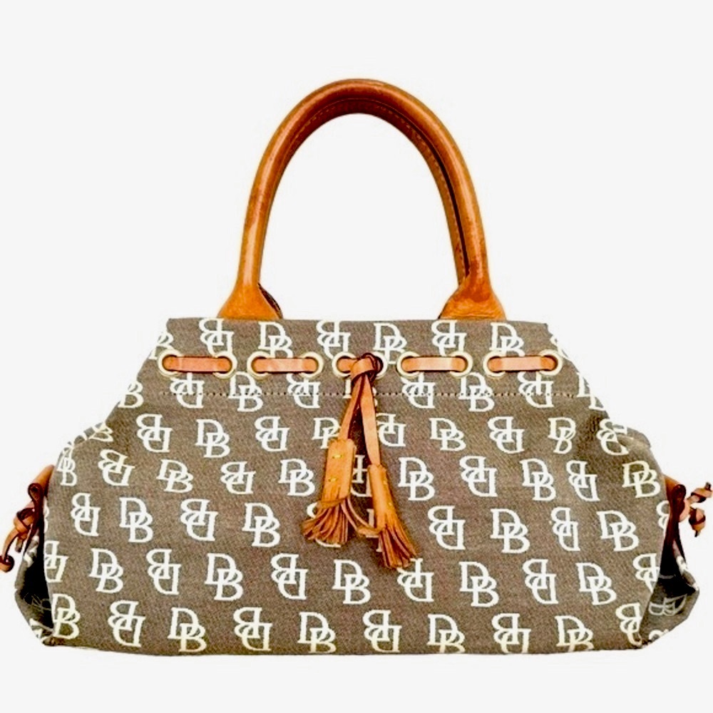 Dooney and Bourke Bag Vintage Tan Brown Monogram Canvas and Leather Satc…